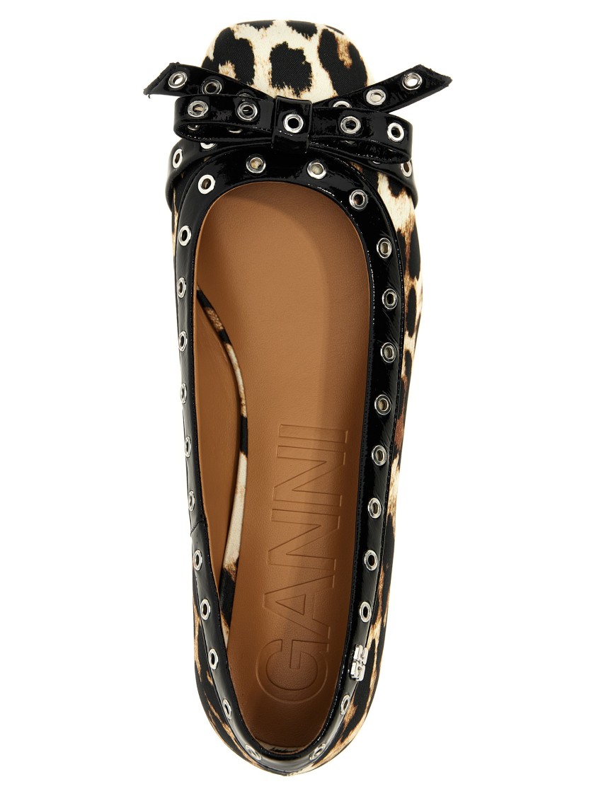 Ganni Multicolor Ballet Flats With Eyelets And All-over Leopard Print