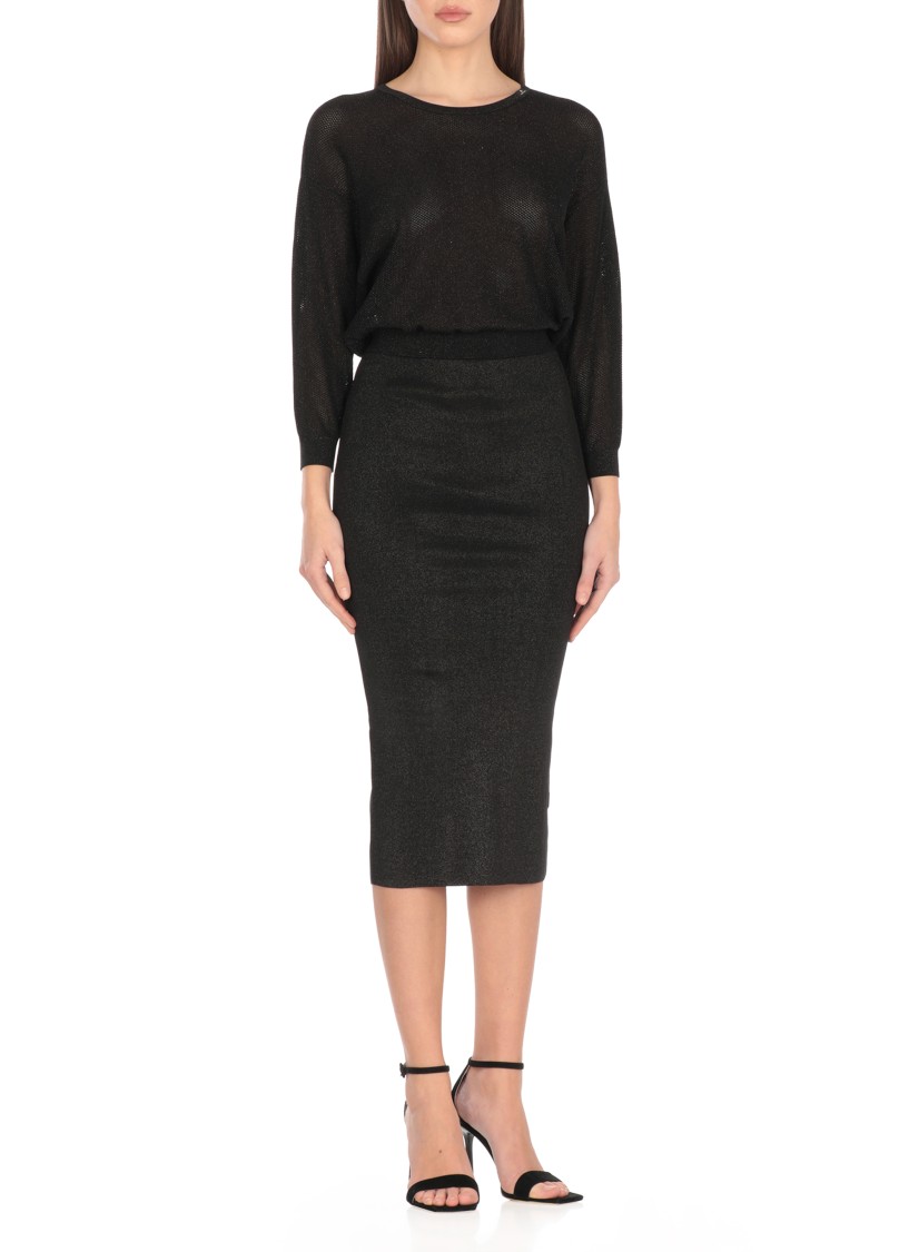 ELISABETTA FRANCHI ELISABETTA FRANCHI BLACK VISCOSE MIDI DRESS WITH PERFORATED DETAILING
