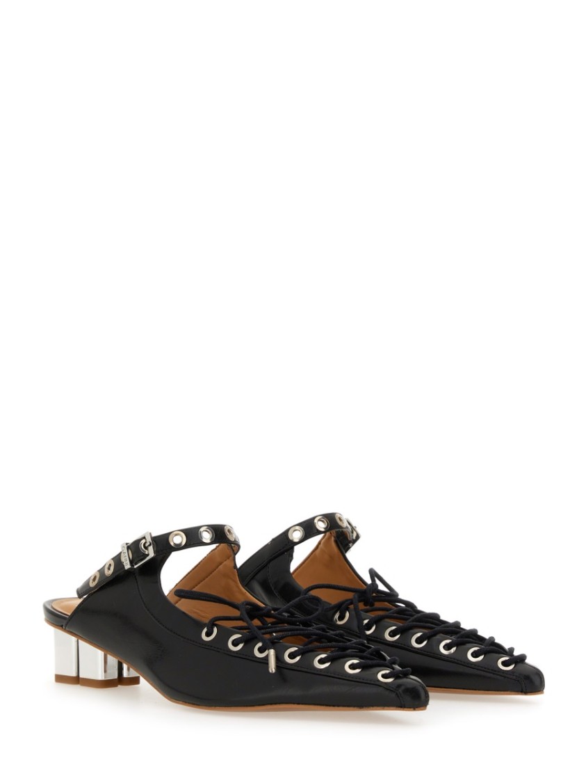 Shop Ganni Pointed Toe Lace-up Mules In Black