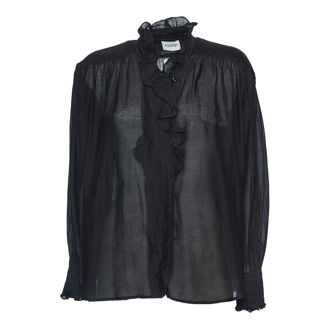 Isabel Marant Cotton Voile Top With Ruffled Collar In Black