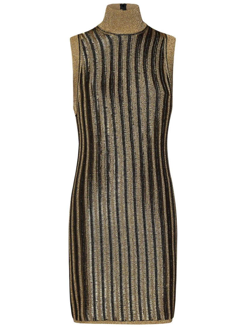 TOM FORD TOM FORD GOLDEN DRESS WITH HIGH NECK AND STRIKING VERTICAL STRIPES