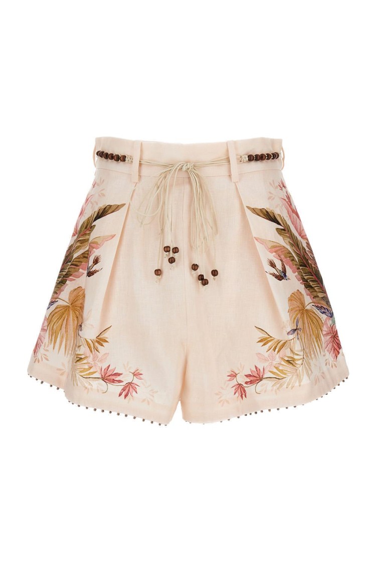 Zimmermann Floral Print Linen Shorts With Removable Waist Strap And Side Pockets In Multi