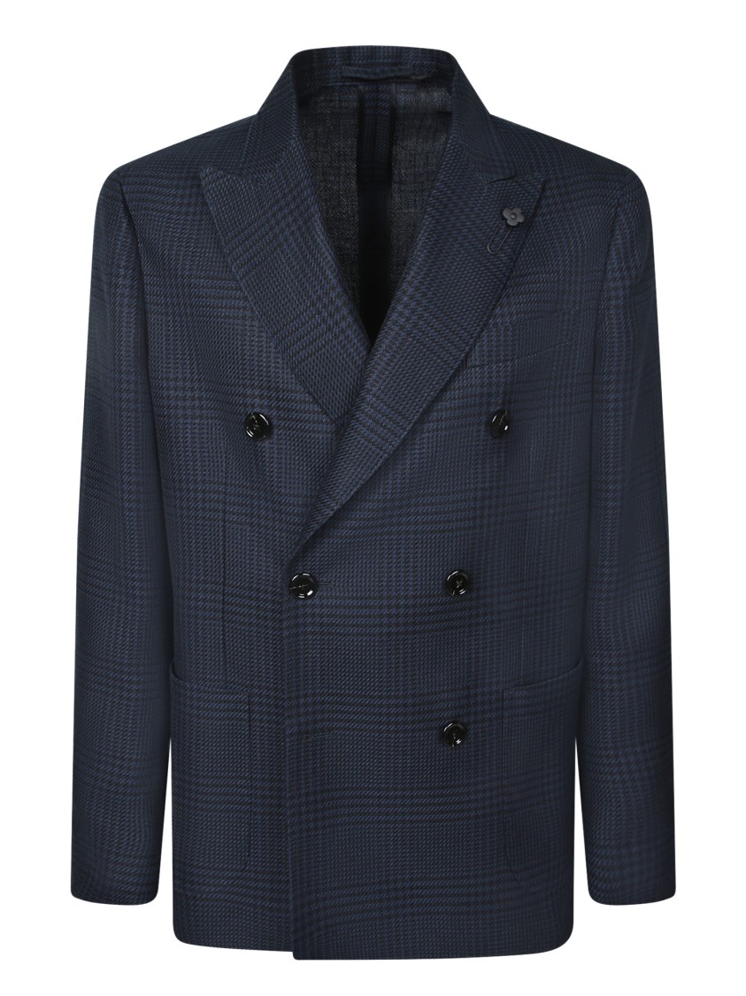 Lardini Double-breasted Tailored Black Blazer With Check Pattern In Blue