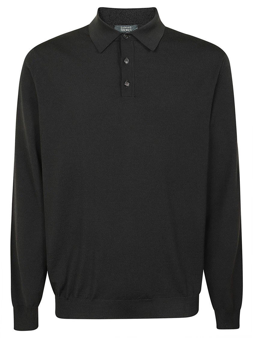 Zanone Fitted Long-sleeved Polo With Classic Collar In Black