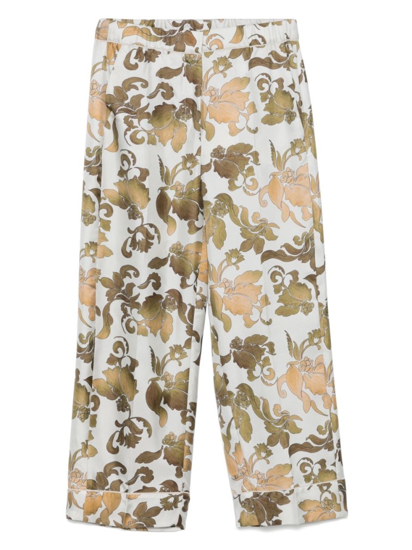 Max Mara Floral Patterned Yellow Silk Trousers In Green