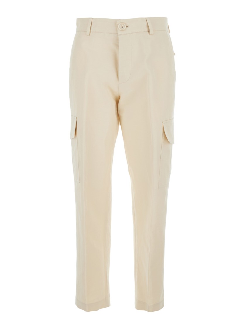 Pt Torino White Pants With Cargo Pockets In Cotton And Linen Blend Woman