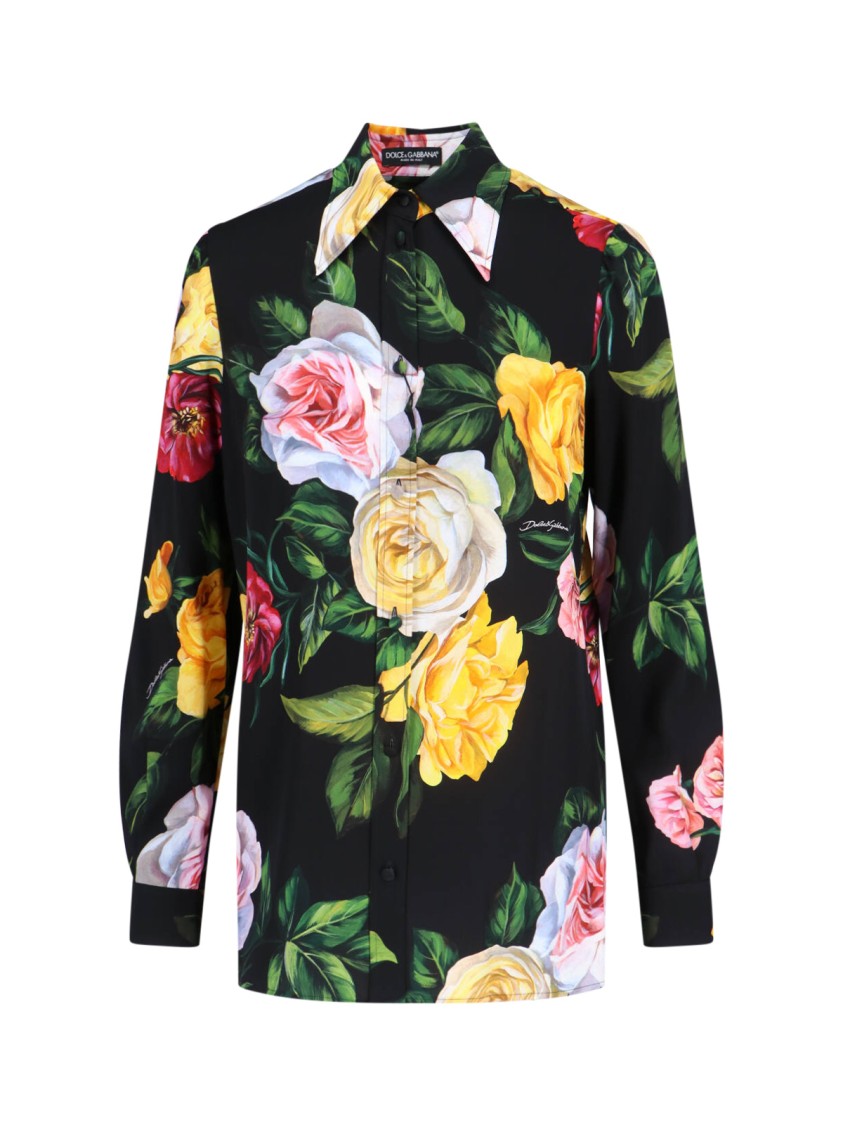 Dolce & Gabbana Multicolor Shirt With Oversize Pointed Collar And All-over Floral Motif In Silk Stretch Woman In Black