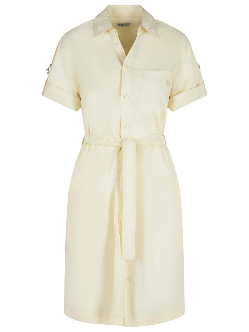 Burberry Silk Blend Dress Featuring Belted Waist In Neutrals