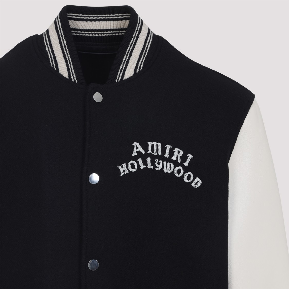 Amiri Mens Hollywood Embroidered-text Wool-leather Blend Bomber Jacket Black Xl In Black