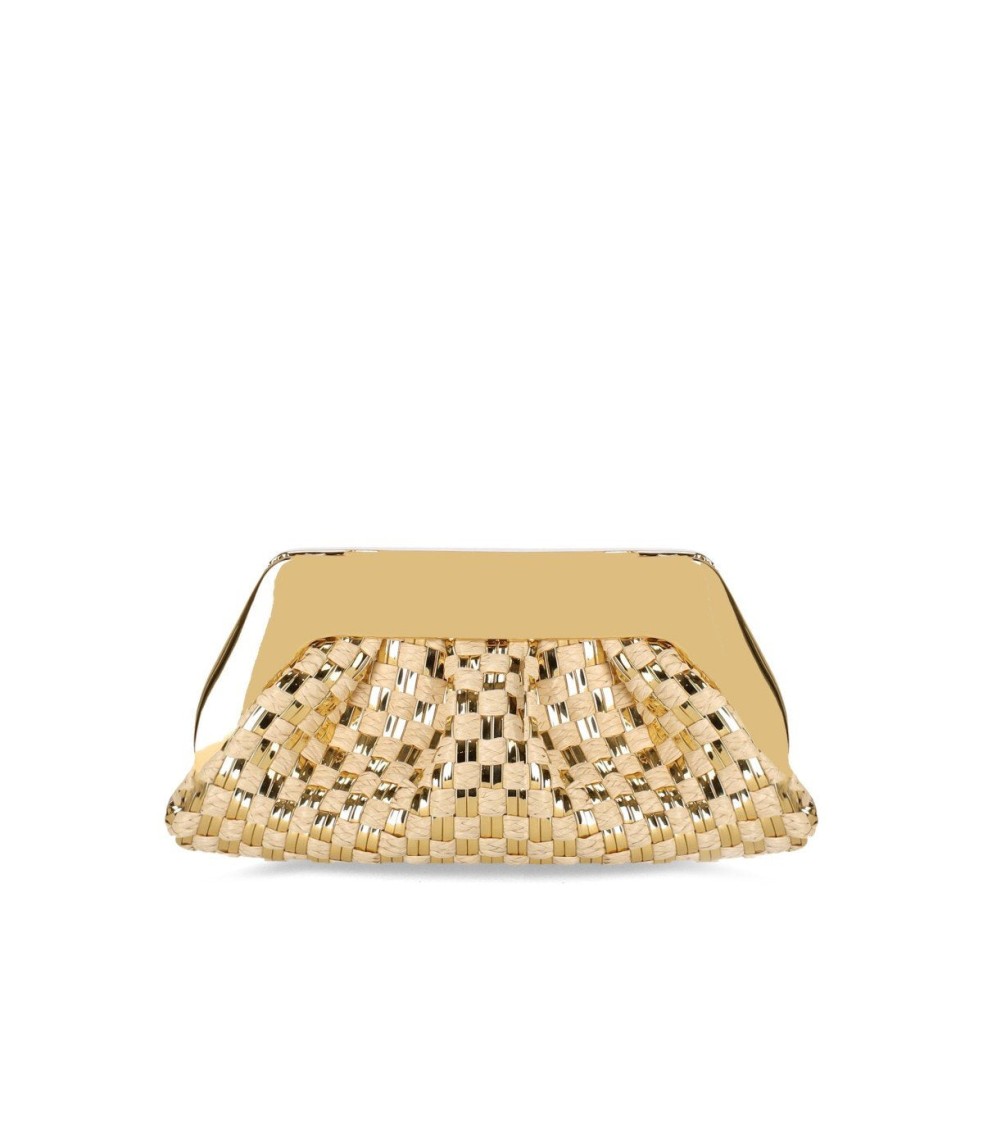 Themoirè Emera Micro Weaved Straw Laminated Gold Clutch Bag