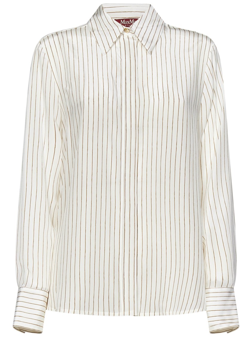 Max Mara Refined Ivory Silk Shirt With Subtle Beige Stripes In White