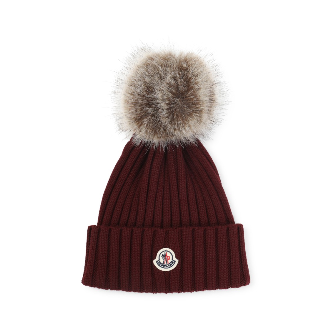 Moncler Ribbed Knit Hat With Fluffy Pom-pom In Red