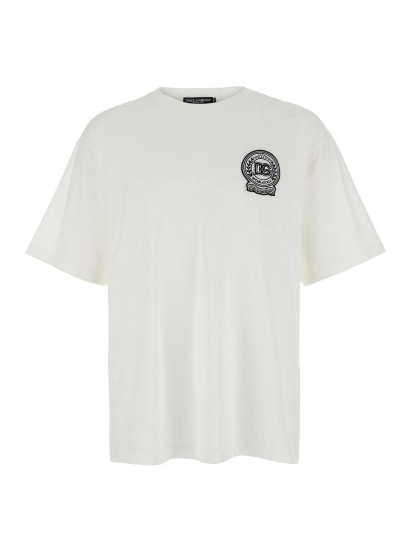 Dolce & Gabbana White T-shirt With Crew Neck And Printed Dg Logo On The Chest In Cotton