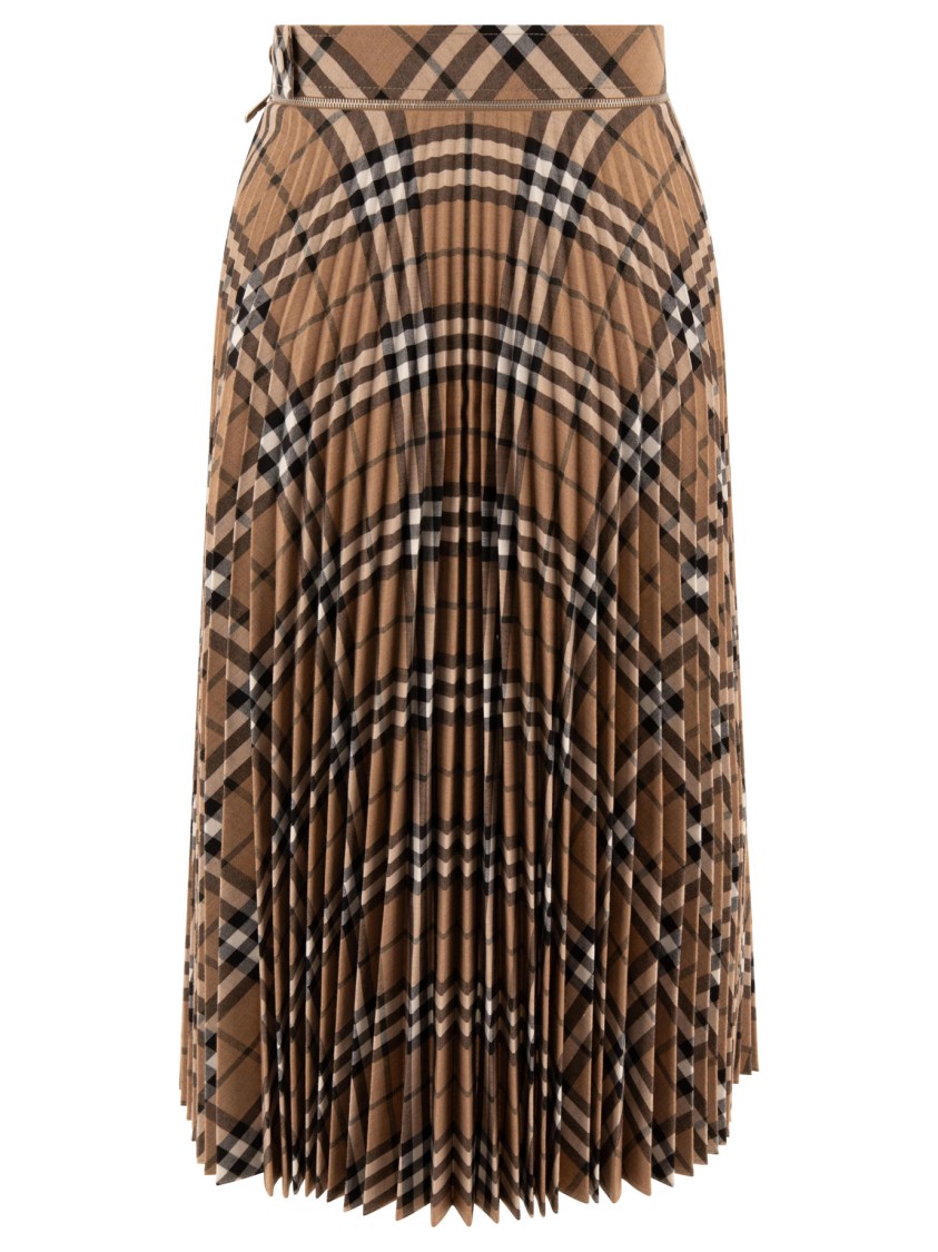 Burberry Wool Blend Pleated Check Skirt In Brown
