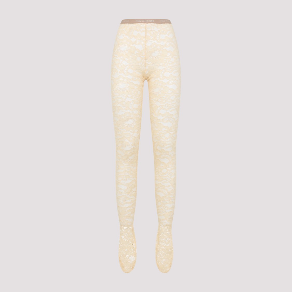 Valentino Beige Floral Lace Tights With Logo Waistband In Neutrals