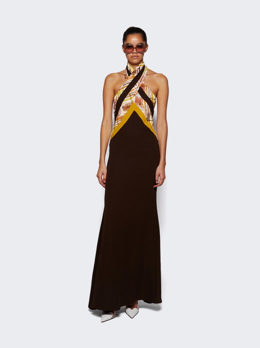 Rosie Assoulin Twisted Halter Dress In Double Faced Georgette Brown