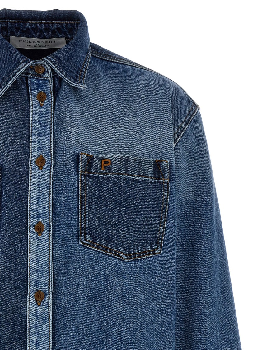 Philosophy Di Lorenzo Serafini Blue Shirt With Classic Collar And Logo Detail On The Pocket In Denim Woman In Blue