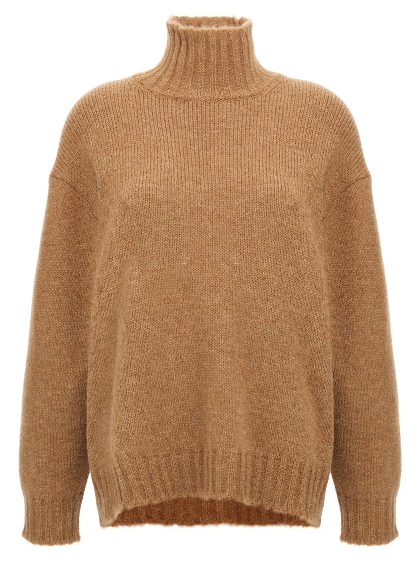 Jil Sander Alpaca Blend Turtleneck Sweater With High Neck And Long Cuffed Sleeves In Brown