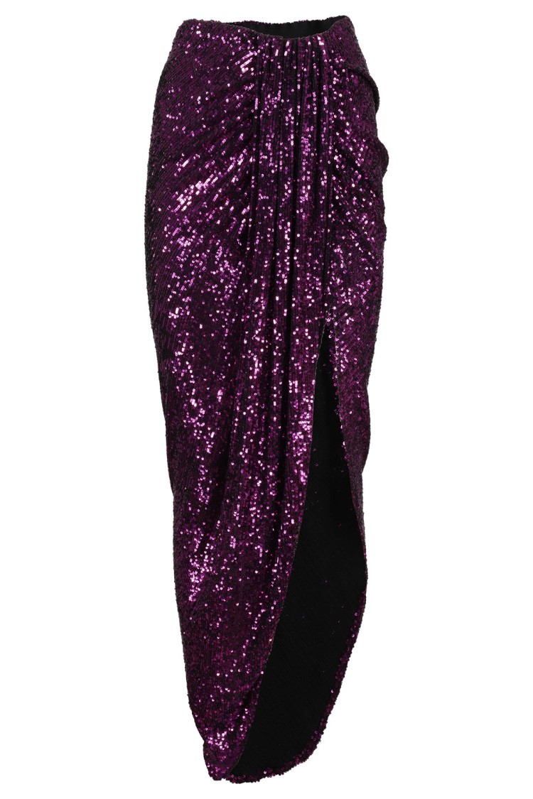 NERVI NERVI SEQUINED PURPLE MIDI SKIRT WITH FRONT KNOT