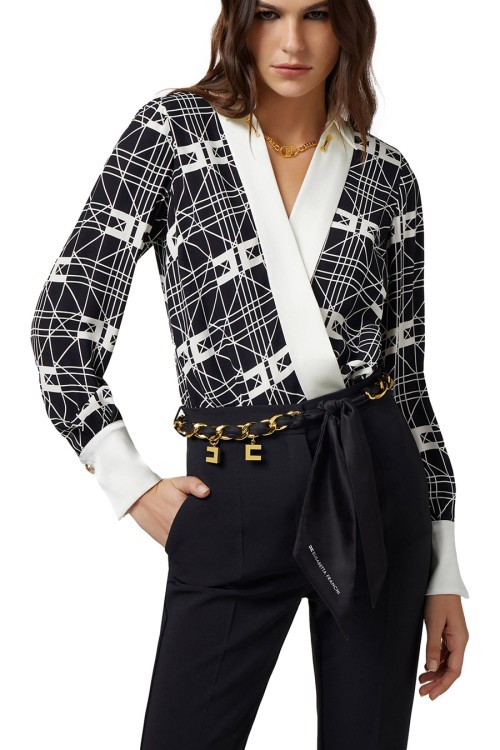 ELISABETTA FRANCHI●アシンメトリー ロゴプリントシャツドレス Asymmetric georgette shirt-dress with logo print