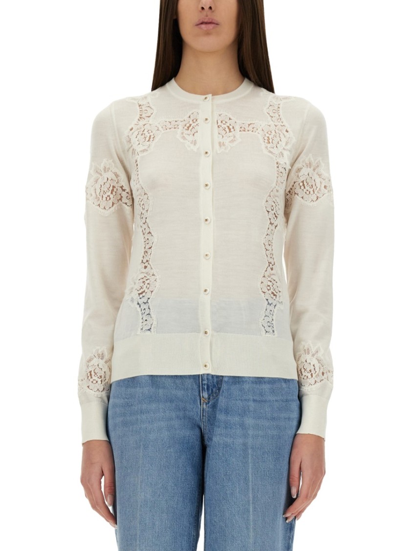 Dolce & Gabbana Cashmere And Silk Cardigan With Lace Inlay In White