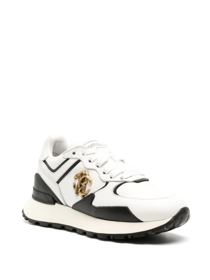 Roberto Cavalli White Cow Leather Sneakers With Black Accents In White