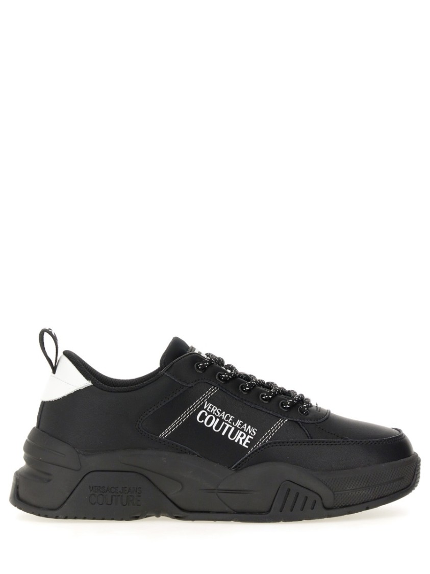 Shop Versace Jeans Couture Chunky Black Sneakers With Prominent Logo And Laces