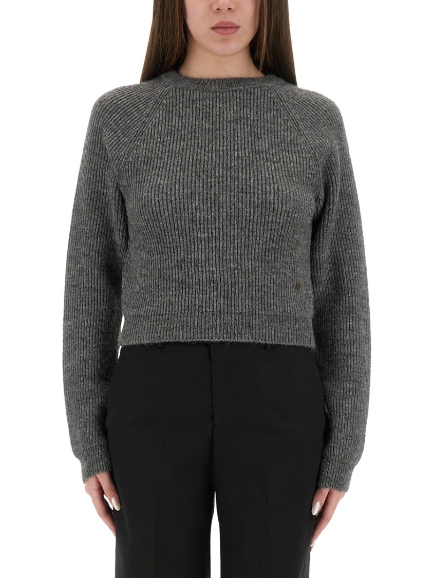 Moschino Ribbed Grey Cropped Sweater With Frayed Hem In Gray