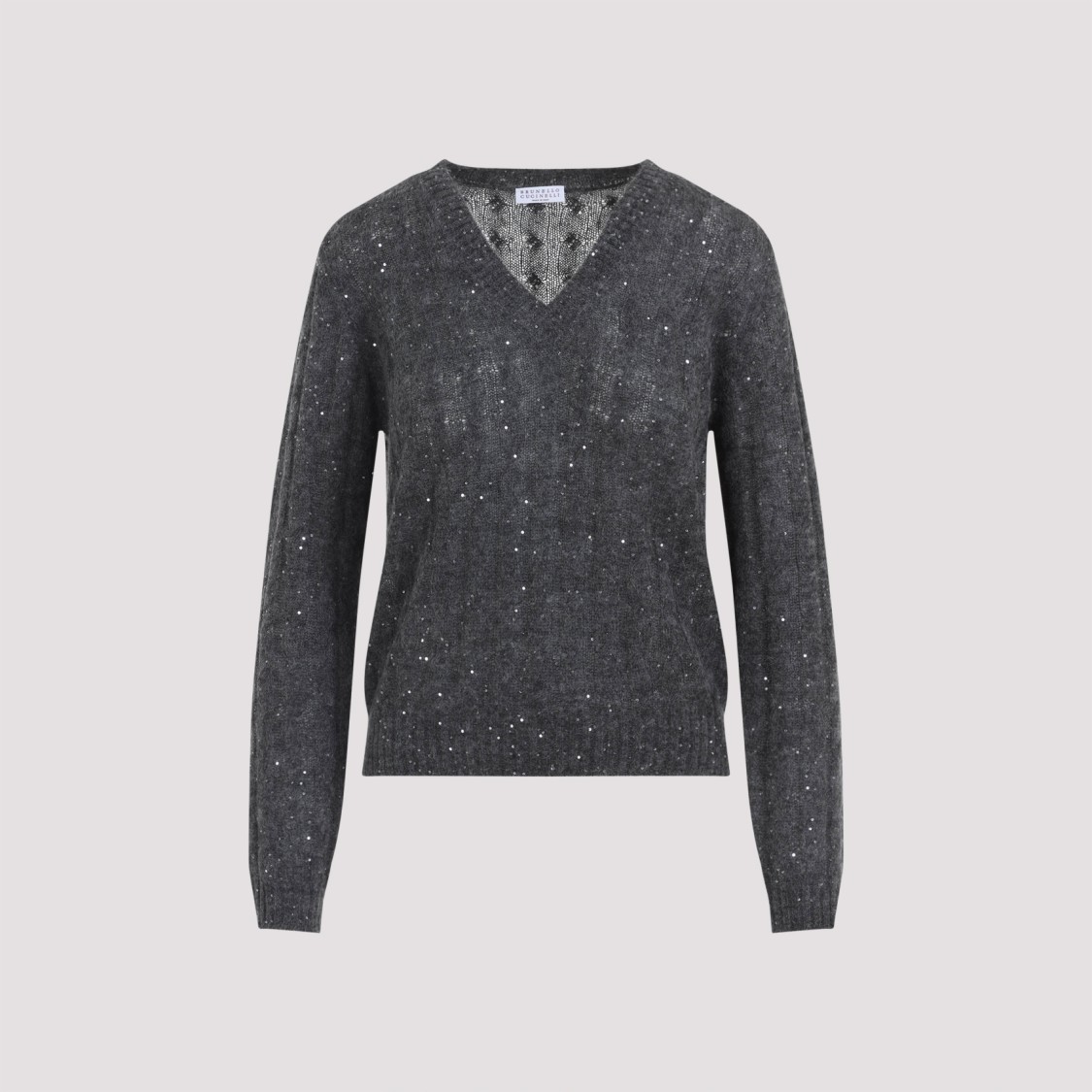 Brunello Cucinelli V-neck Cable Pullover Sequin Embellishments In Gray