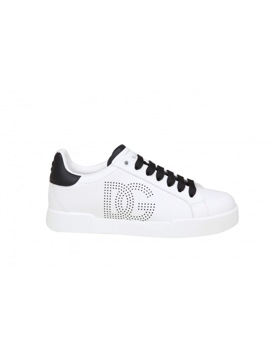 Dolce & Gabbana White And Black Leather Sneakers In White