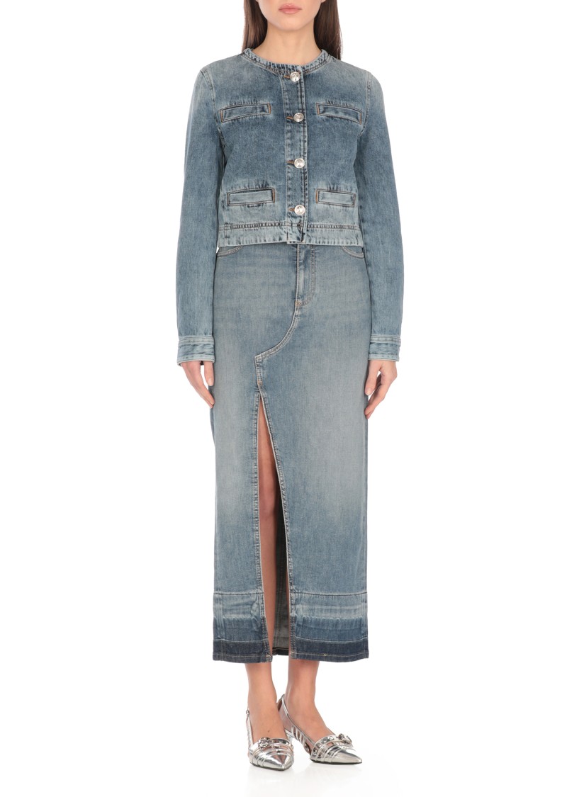 Pinko Blue Cropped Jacket With Patch Pockets On The Front In Blue