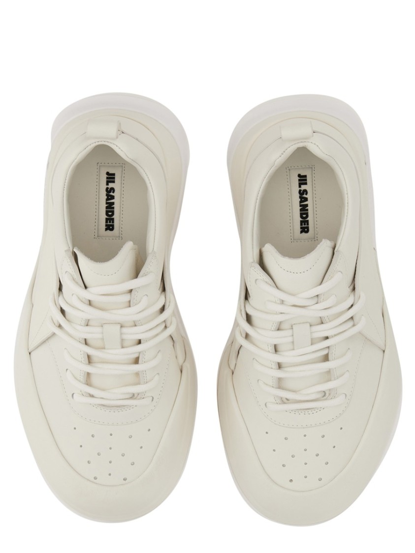 Jil Sander Orb White Low Top Sneakers With Cleated Sole In Leather In White