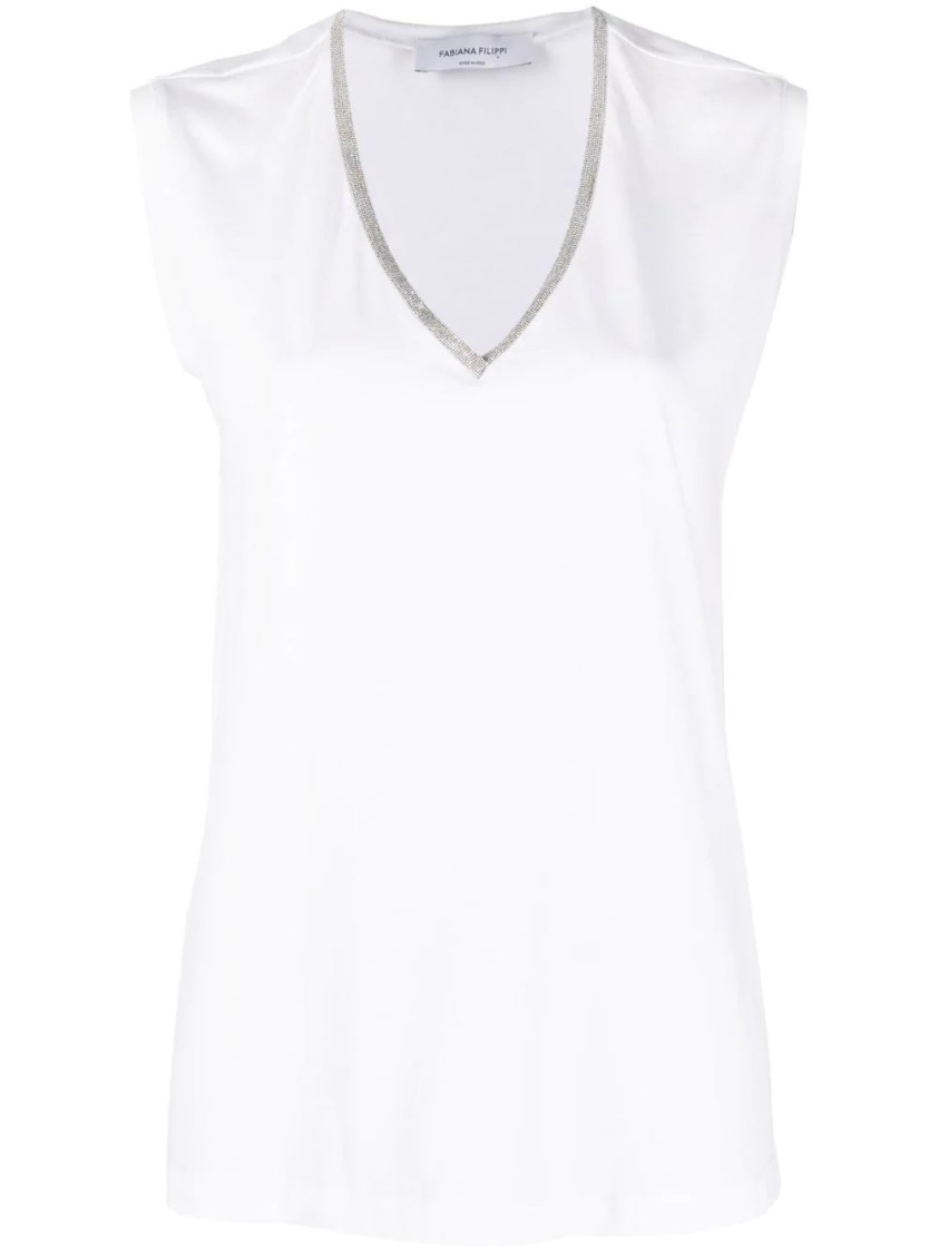 Fabiana Filippi Chic Cotton Jersey T-shirt With Elegant V-neck And Subtle Detailing In White