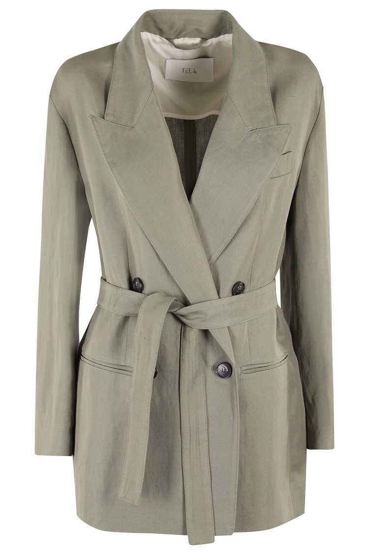 Shop Tela Double-breasted Linen Blend Blazer With Removable Waist Tie In Green