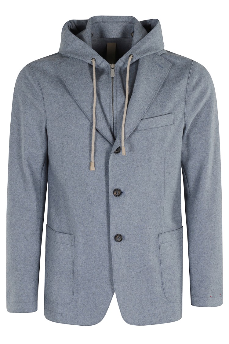 Eleventy Single-breasted Jacket With Drawstring Hood In Blue