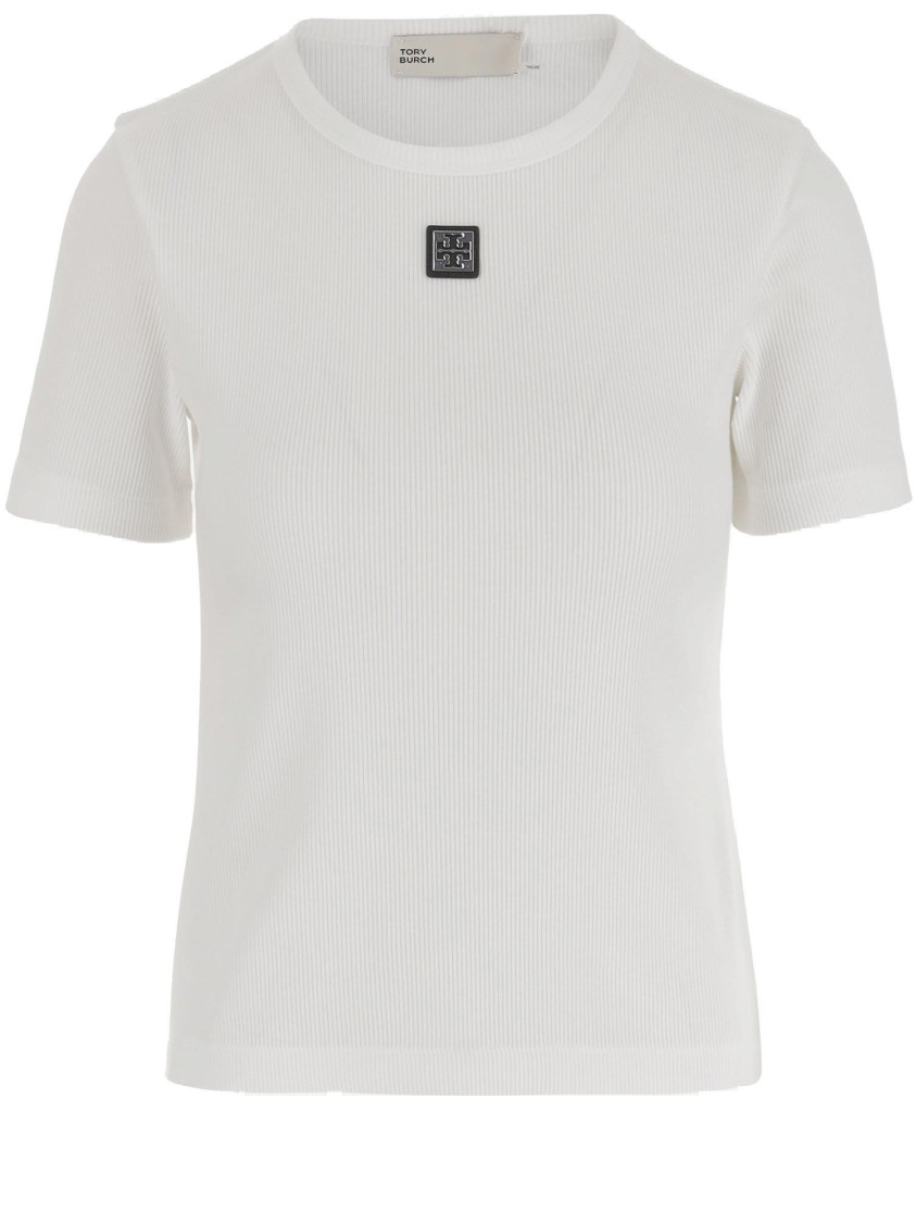 Tory Burch Cotton Rib Logo Tee In White