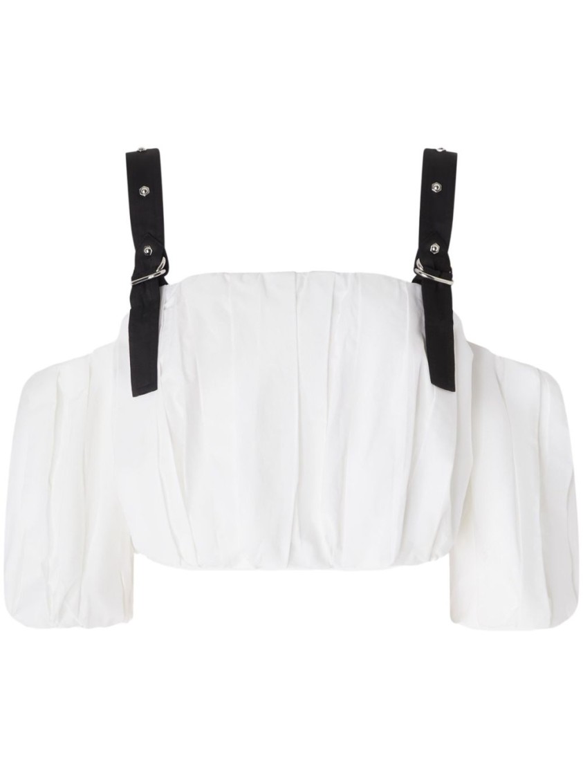 Pinko Cropped Beige Top With Puff Sleeves And Adjustable Straps