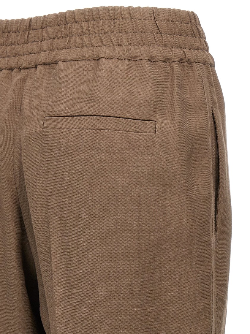 Brunello Cucinelli Brown Linen Blend Trousers With Elastic Waistband In Brown