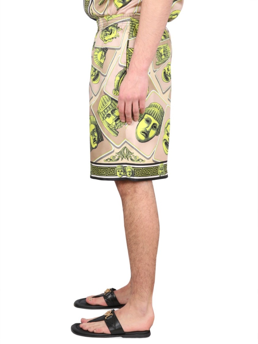 Versace Twill Silk Shorts Masks Print Detail In Green
