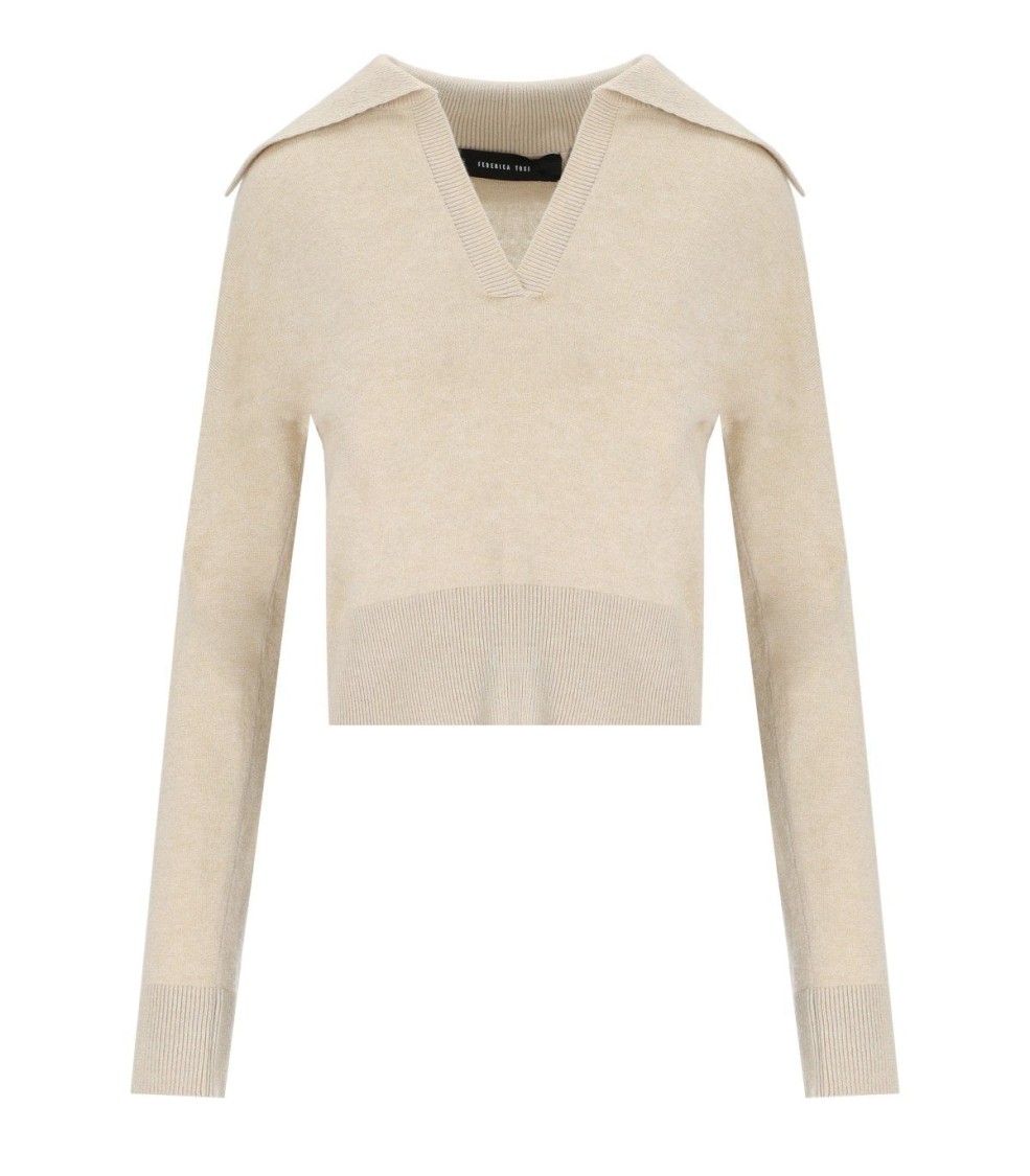 Federica Tosi Polo Pull Sweater With Classic Collar And Ribbed Hem In Neutral