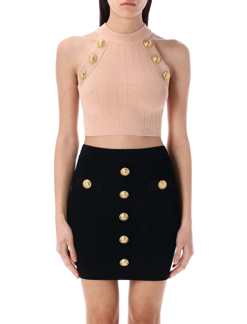 Balmain Ribbed Knit Halterneck Top In Pink