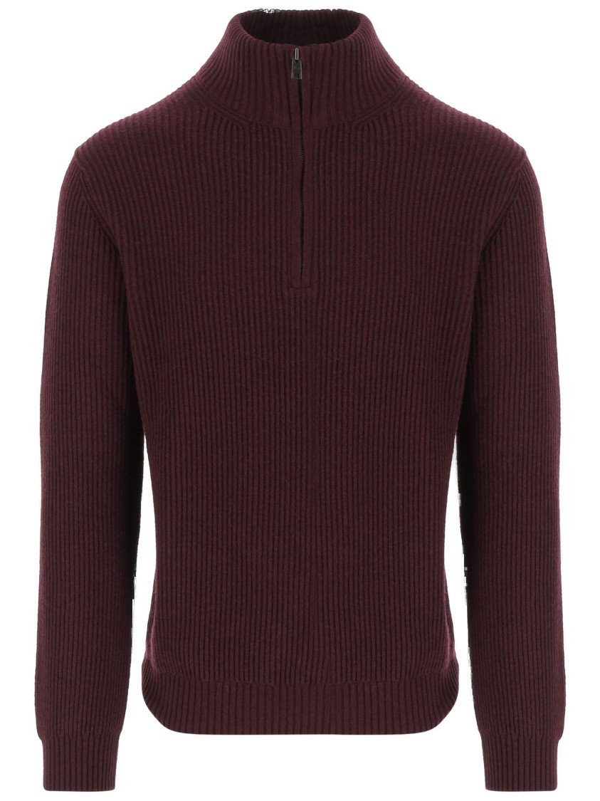 Woolrich Bordeaux Wool Blend Sweater With Front Zipper And Rib Knitting In Brown