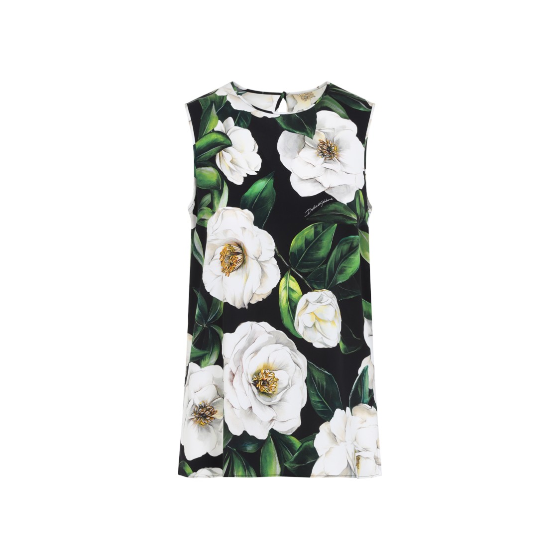 Dolce & Gabbana Gardenia Print Stretch Silk Charmeuse Sleeveless Top In Black