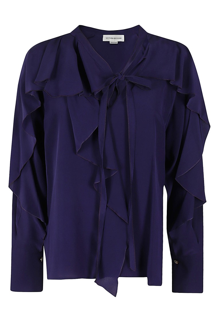 Shop Victoria Beckham Ruffled Silk Romantic Blouse In Blue