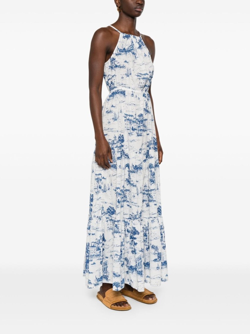 Mc2 Saint Barth Halterneck Maxi Dress With Scenic Blue And White Print In Multi