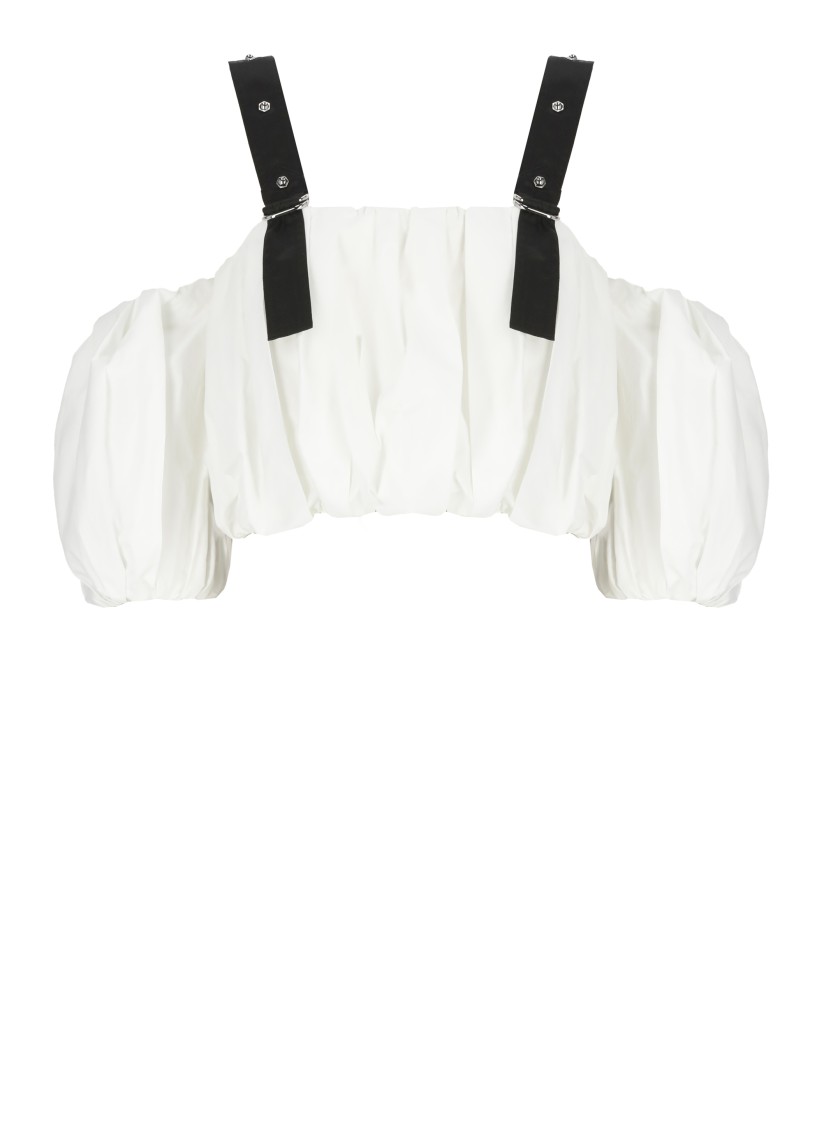 Pinko Cropped Beige Top With Puff Sleeves And Adjustable Straps