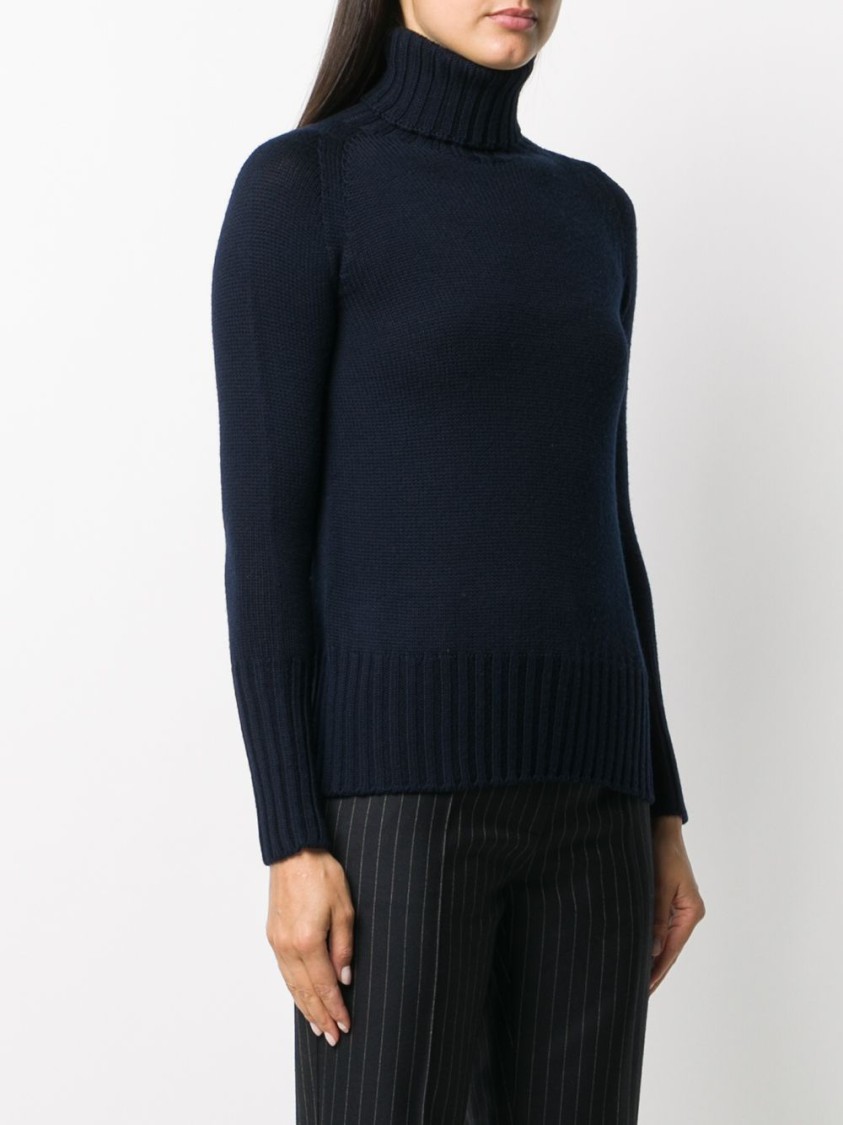 Drumohr Navy Merino Roll Neck Sweater With Ribbed Detailing In Blue