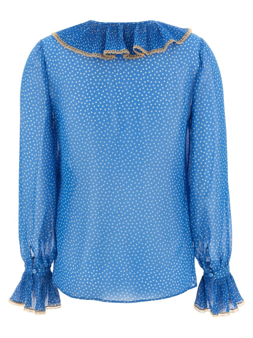 Valentino Garavani Micro-polka Dot Silk Georgette Shirt In Blue