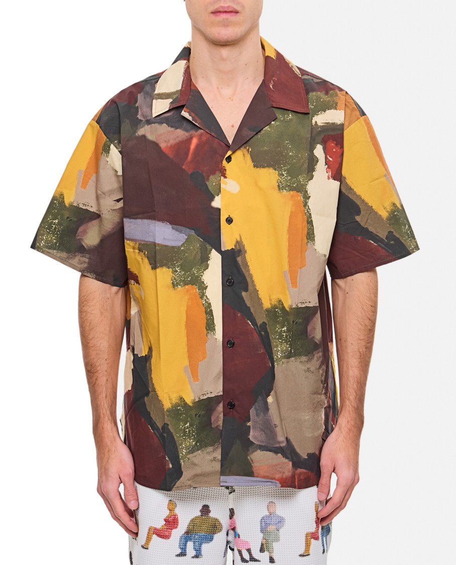 Jw Anderson J. W. Anderson Wide V-neck Short Sleeve Shirt With Abstract Print In Multi