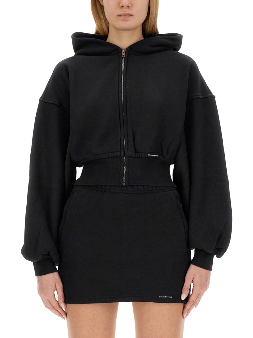 Alexander Wang T T By Alexander Wang Cropped Black Hoodie With Oversized Sleeves In Multi